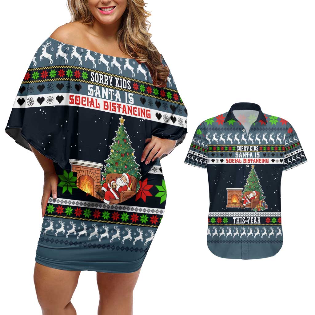 Sorry Kids Santa Is Social Distancing This Year Christmas Couples Matching Off Shoulder Short Dress and Hawaiian Shirt Xmas Holiday Patterns - Wonder Print Shop