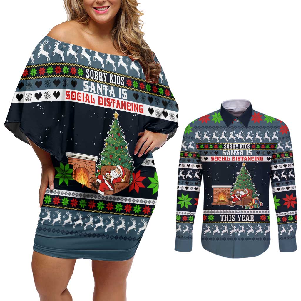 Sorry Kids Santa Is Social Distancing This Year Christmas Couples Matching Off Shoulder Short Dress and Long Sleeve Button Shirt Xmas Holiday Patterns - Wonder Print Shop