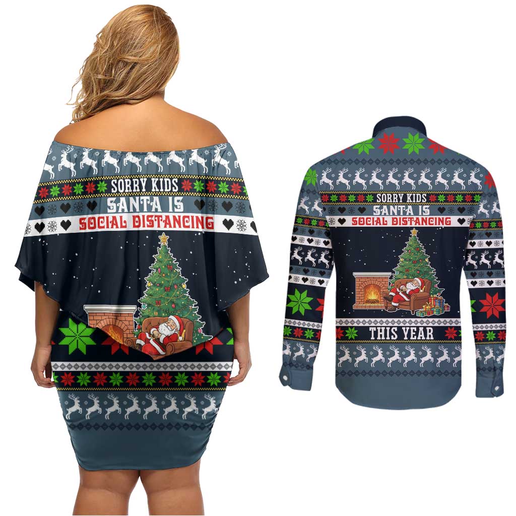 Sorry Kids Santa Is Social Distancing This Year Christmas Couples Matching Off Shoulder Short Dress and Long Sleeve Button Shirt Xmas Holiday Patterns - Wonder Print Shop