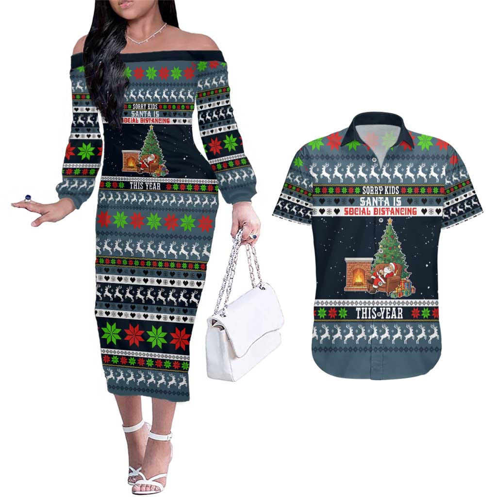 Sorry Kids Santa Is Social Distancing This Year Christmas Couples Matching Off The Shoulder Long Sleeve Dress and Hawaiian Shirt Xmas Holiday Patterns - Wonder Print Shop