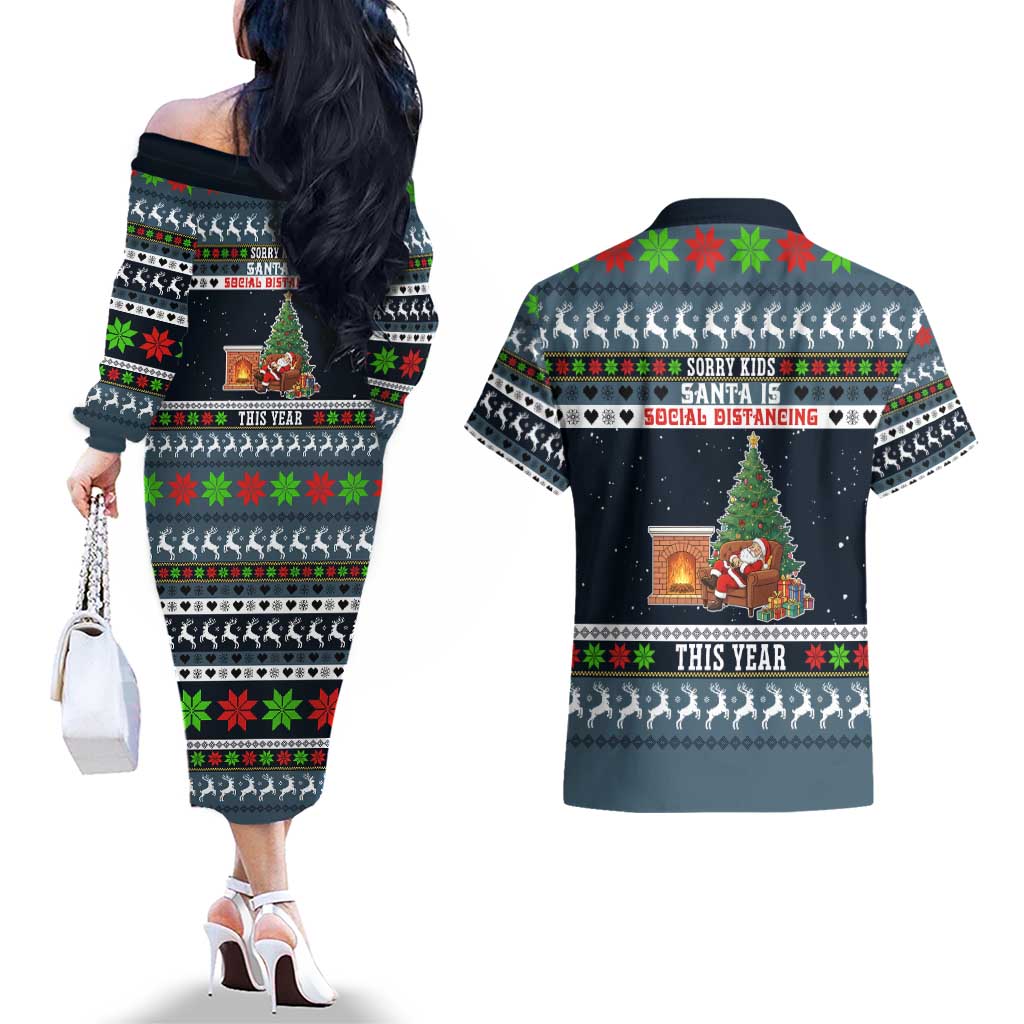 Sorry Kids Santa Is Social Distancing This Year Christmas Couples Matching Off The Shoulder Long Sleeve Dress and Hawaiian Shirt Xmas Holiday Patterns - Wonder Print Shop