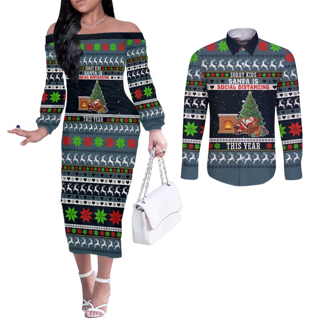 Sorry Kids Santa Is Social Distancing This Year Christmas Couples Matching Off The Shoulder Long Sleeve Dress and Long Sleeve Button Shirt Xmas Holiday Patterns - Wonder Print Shop