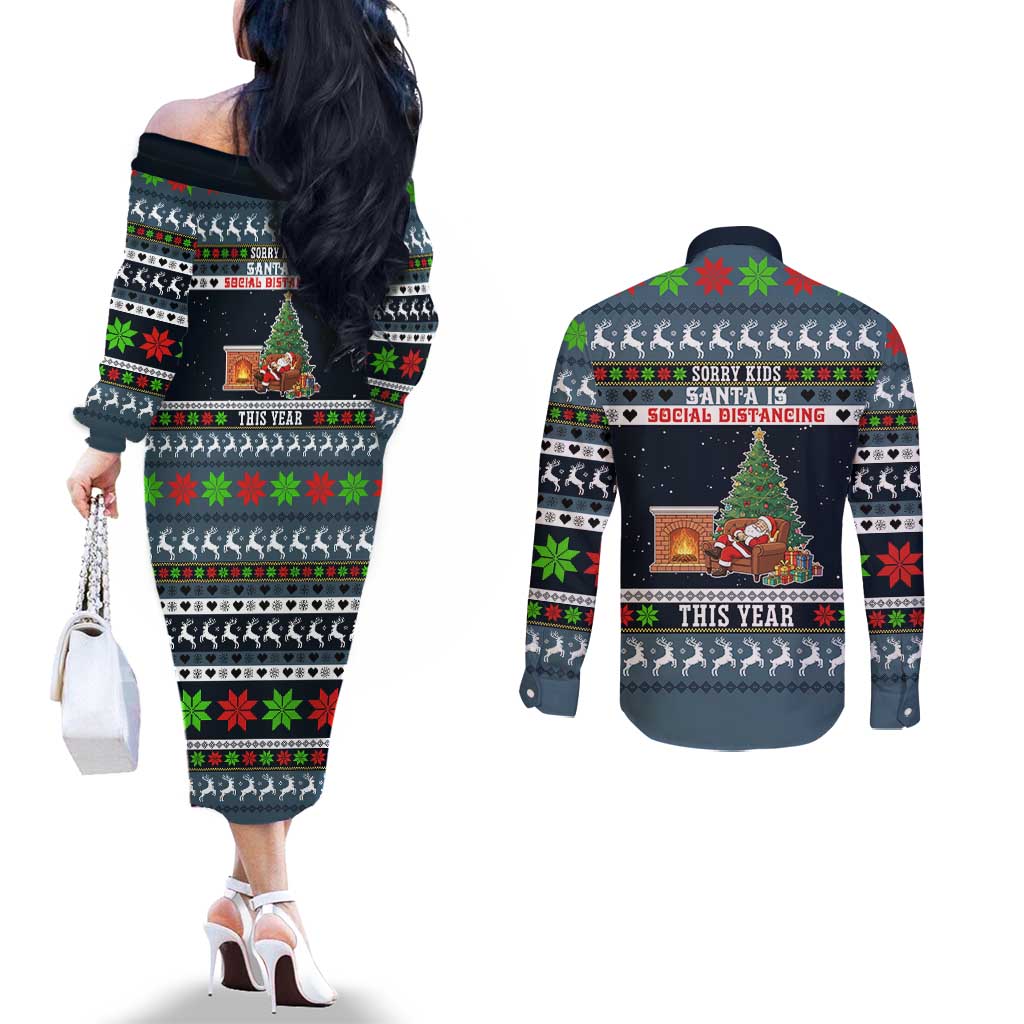 Sorry Kids Santa Is Social Distancing This Year Christmas Couples Matching Off The Shoulder Long Sleeve Dress and Long Sleeve Button Shirt Xmas Holiday Patterns - Wonder Print Shop