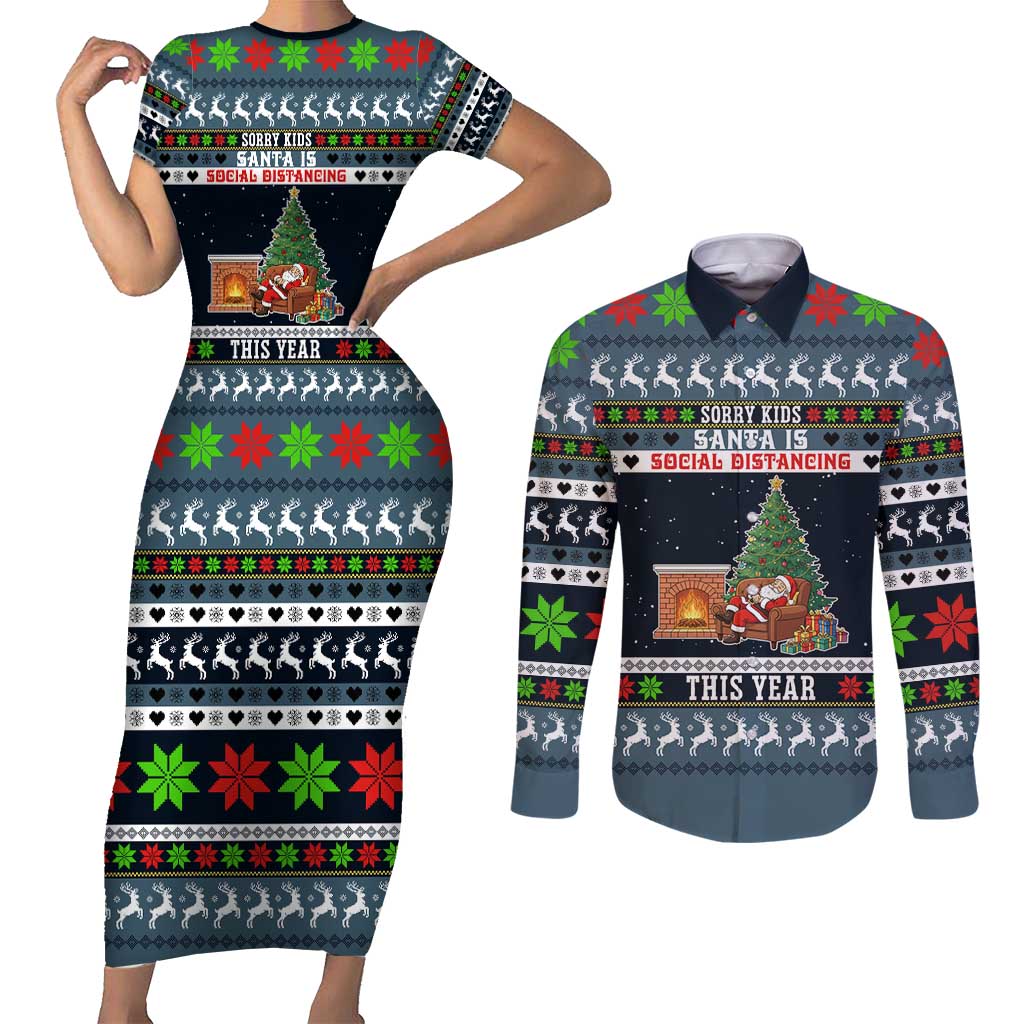 Sorry Kids Santa Is Social Distancing This Year Christmas Couples Matching Short Sleeve Bodycon Dress and Long Sleeve Button Shirt Xmas Holiday Patterns - Wonder Print Shop