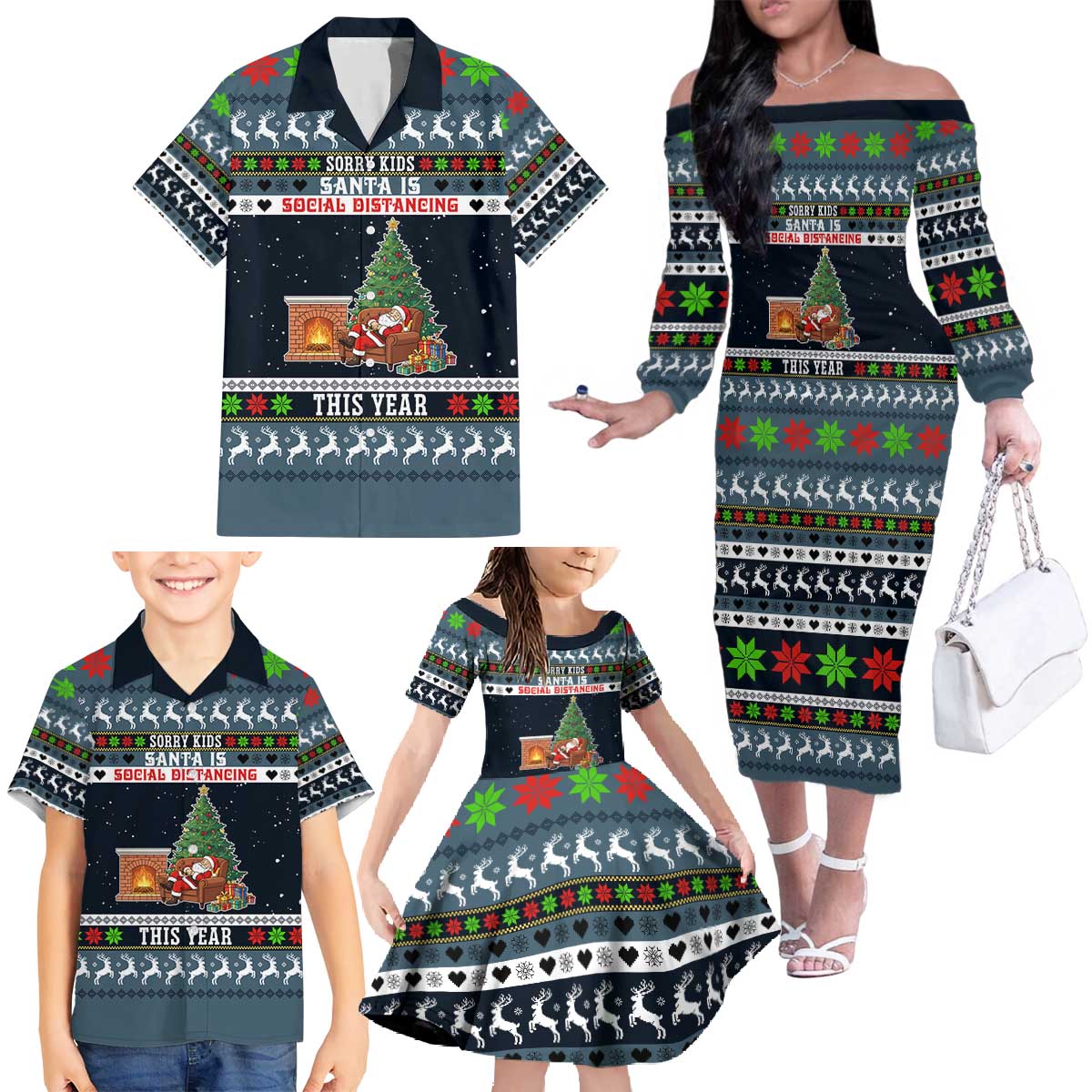 Sorry Kids Santa Is Social Distancing This Year Christmas Family Matching Off The Shoulder Long Sleeve Dress and Hawaiian Shirt Xmas Holiday Patterns - Wonder Print Shop