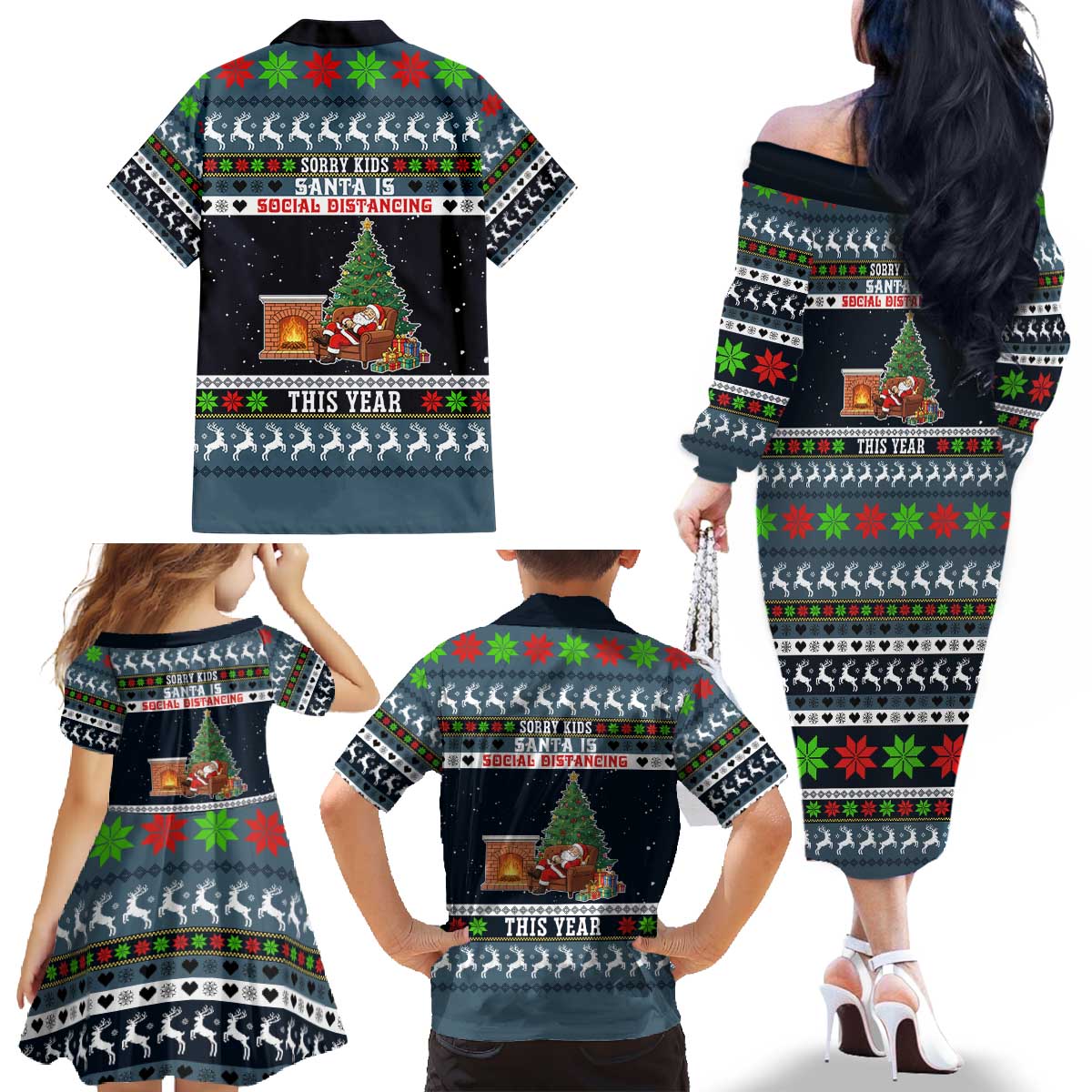 Sorry Kids Santa Is Social Distancing This Year Christmas Family Matching Off The Shoulder Long Sleeve Dress and Hawaiian Shirt Xmas Holiday Patterns - Wonder Print Shop