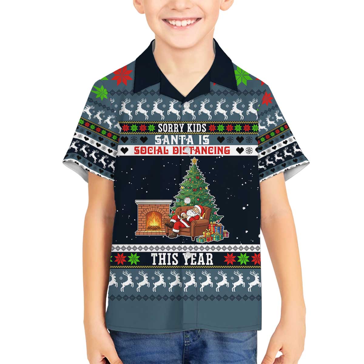 Sorry Kids Santa Is Social Distancing This Year Christmas Family Matching Off The Shoulder Long Sleeve Dress and Hawaiian Shirt Xmas Holiday Patterns - Wonder Print Shop