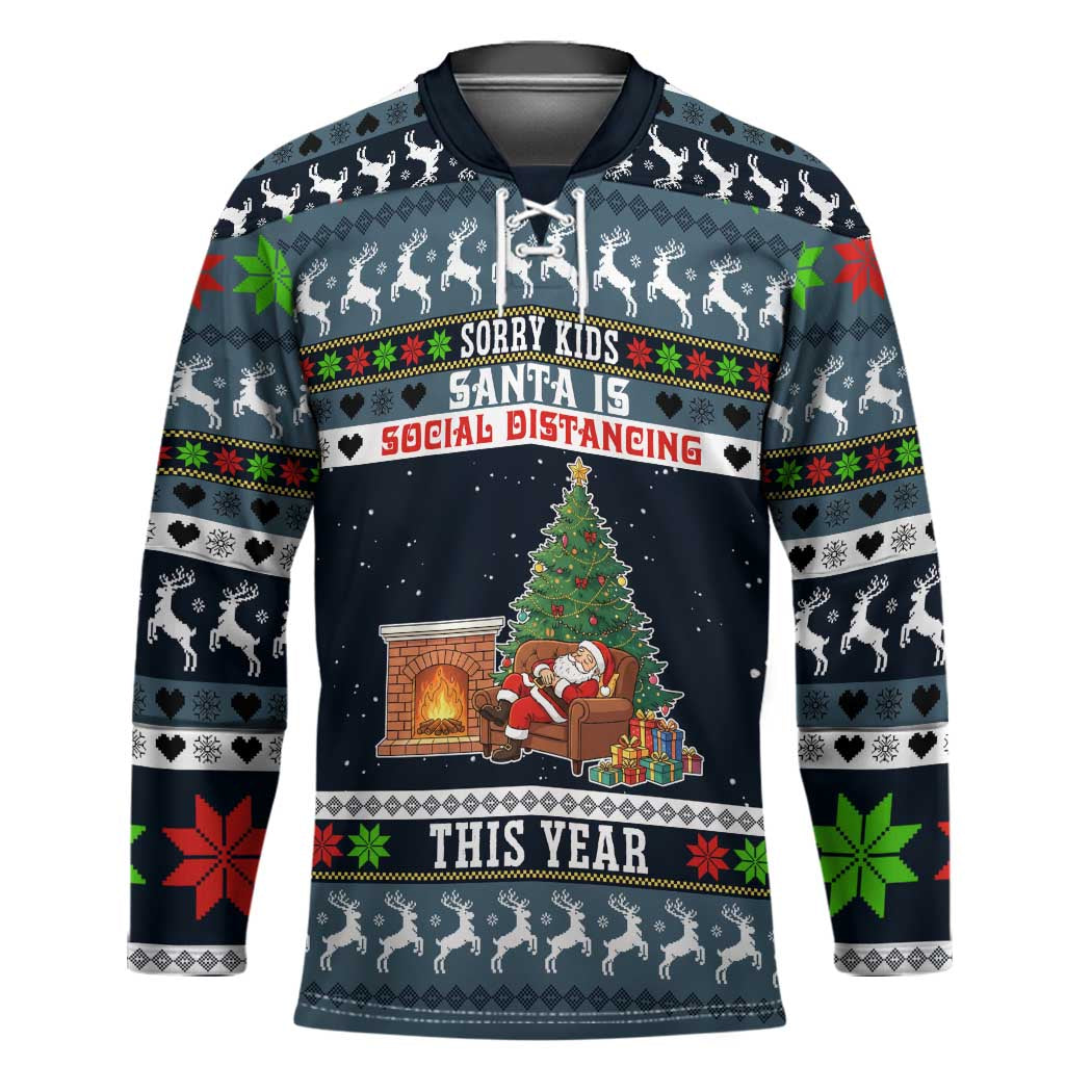 Sorry Kids Santa Is Social Distancing This Year Christmas Hockey Jersey Xmas Holiday Patterns - Wonder Print Shop