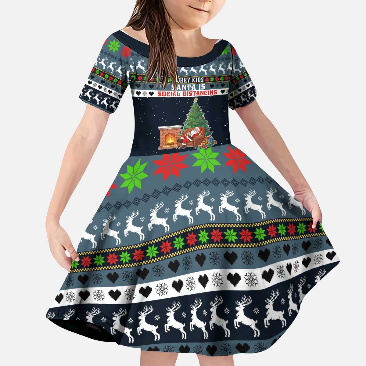 Sorry Kids Santa Is Social Distancing This Year Christmas Kid Short Sleeve Dress Xmas Holiday Patterns - Wonder Print Shop