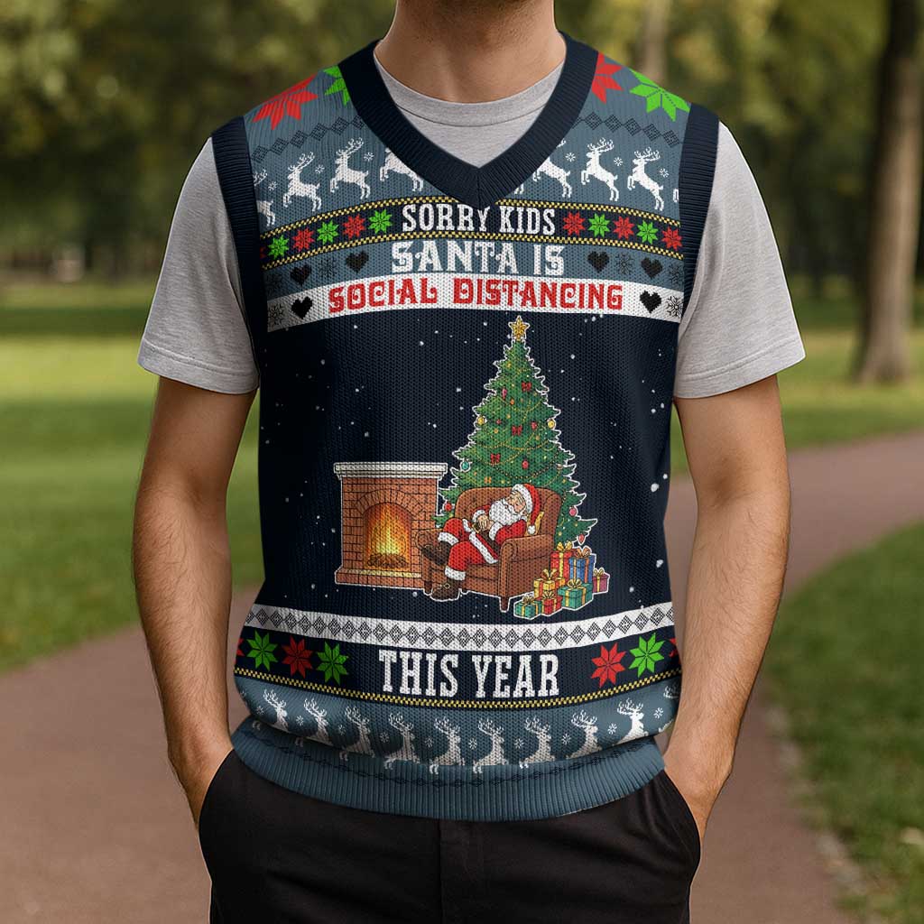 Sorry Kids Santa Is Social Distancing This Year Christmas Knitted V-Neck Vest Xmas Holiday Patterns - Wonder Print Shop