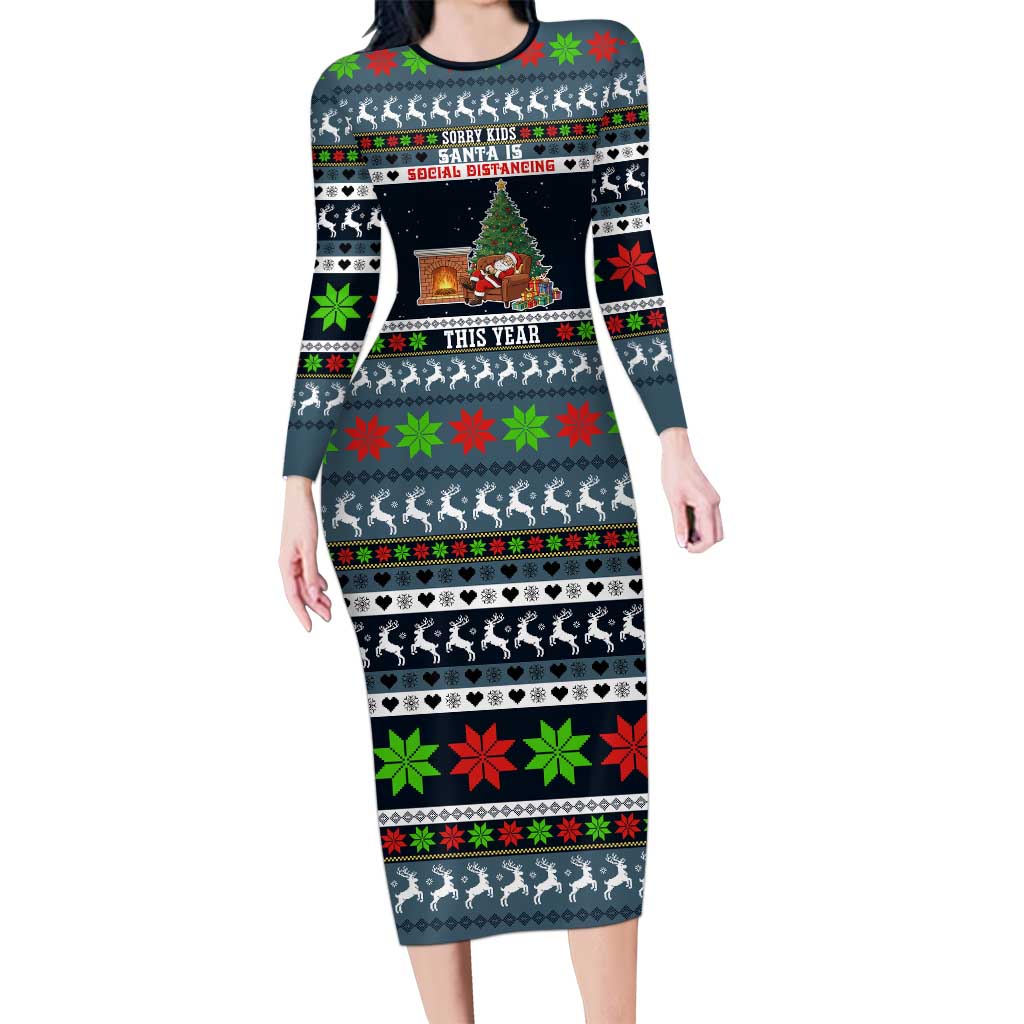 Sorry Kids Santa Is Social Distancing This Year Christmas Long Sleeve Bodycon Dress Xmas Holiday Patterns - Wonder Print Shop