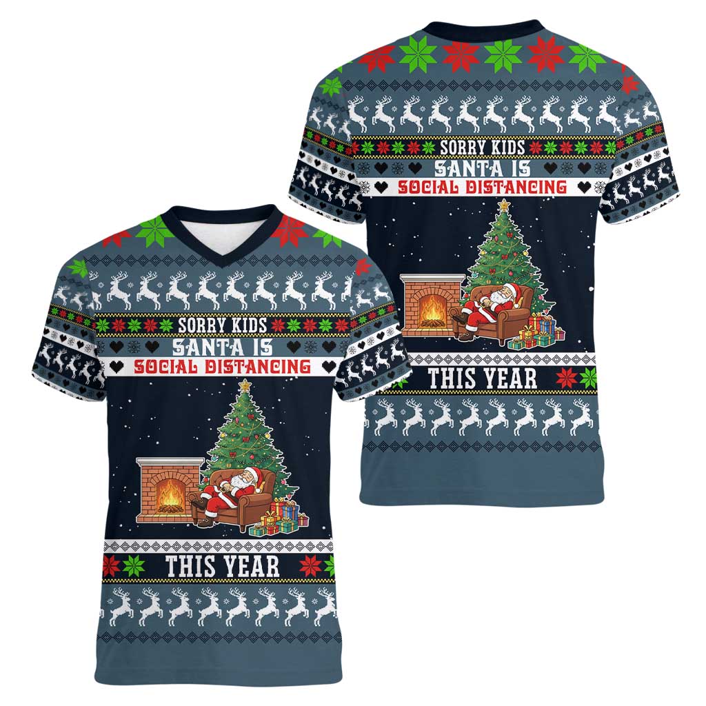 Sorry Kids Santa Is Social Distancing This Year Christmas Women V-Neck T-Shirt Xmas Holiday Patterns - Wonder Print Shop