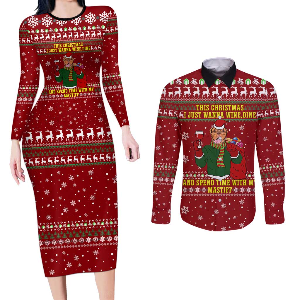 Spend Time With My Mastiff Christmas Couples Matching Long Sleeve Bodycon Dress and Long Sleeve Button Shirt Xmas Holiday Patterns - Wonder Print Shop