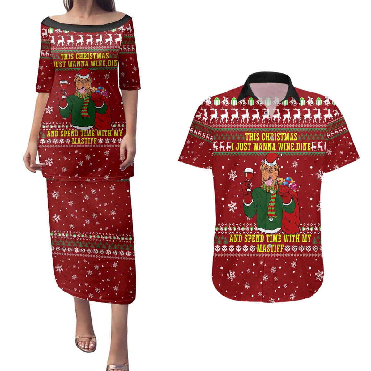 Spend Time With My Mastiff Christmas Couples Matching Puletasi and Hawaiian Shirt Xmas Holiday Patterns - Wonder Print Shop