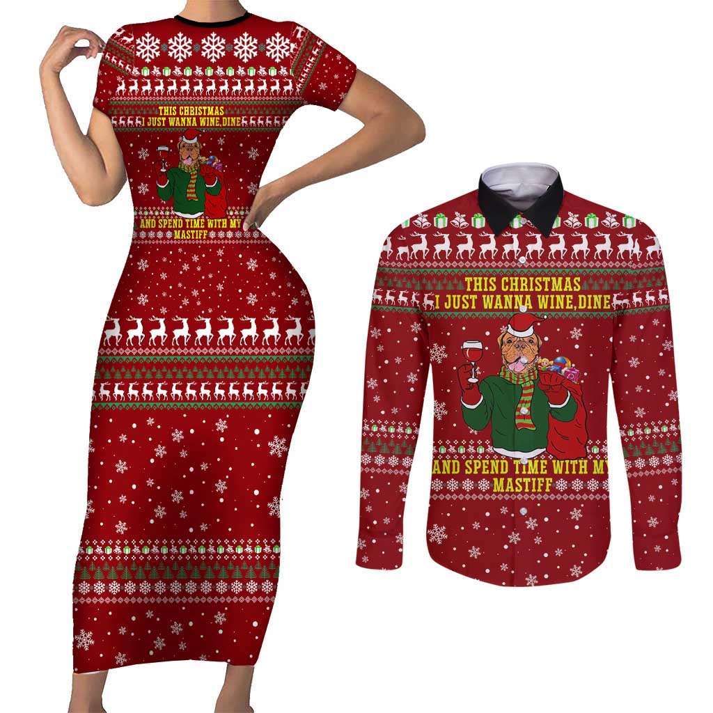Spend Time With My Mastiff Christmas Couples Matching Short Sleeve Bodycon Dress and Long Sleeve Button Shirt Xmas Holiday Patterns - Wonder Print Shop
