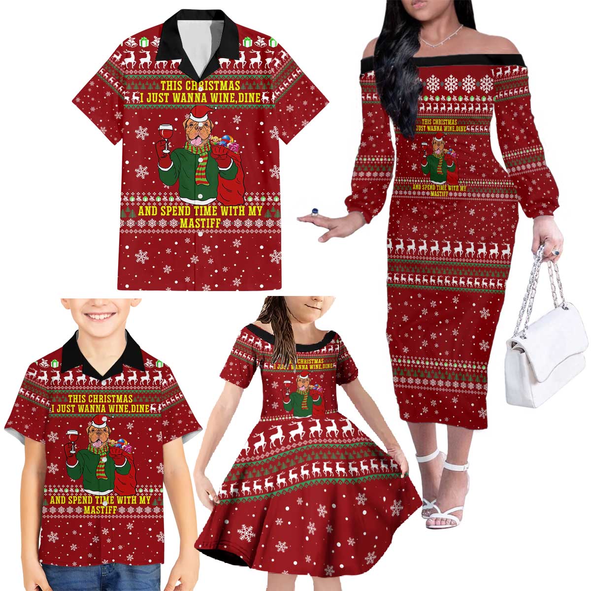 Spend Time With My Mastiff Christmas Family Matching Off The Shoulder Long Sleeve Dress and Hawaiian Shirt Xmas Holiday Patterns - Wonder Print Shop