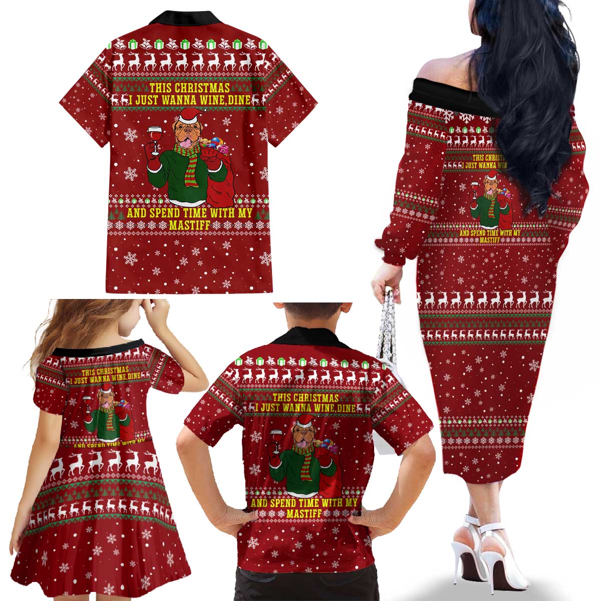 Spend Time With My Mastiff Christmas Family Matching Off The Shoulder Long Sleeve Dress and Hawaiian Shirt Xmas Holiday Patterns - Wonder Print Shop