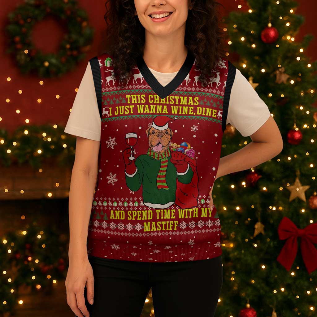 Spend Time With My Mastiff Christmas Knitted V-Neck Vest Xmas Holiday Patterns - Wonder Print Shop