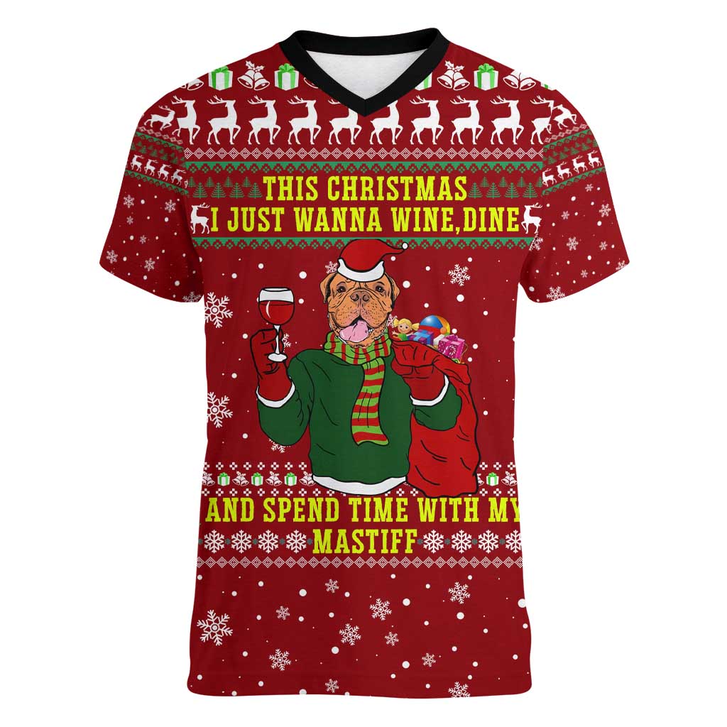 Spend Time With My Mastiff Christmas Women V-Neck T-Shirt Xmas Holiday Patterns - Wonder Print Shop