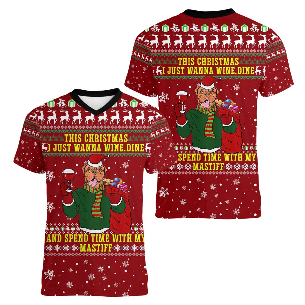 Spend Time With My Mastiff Christmas Women V-Neck T-Shirt Xmas Holiday Patterns - Wonder Print Shop