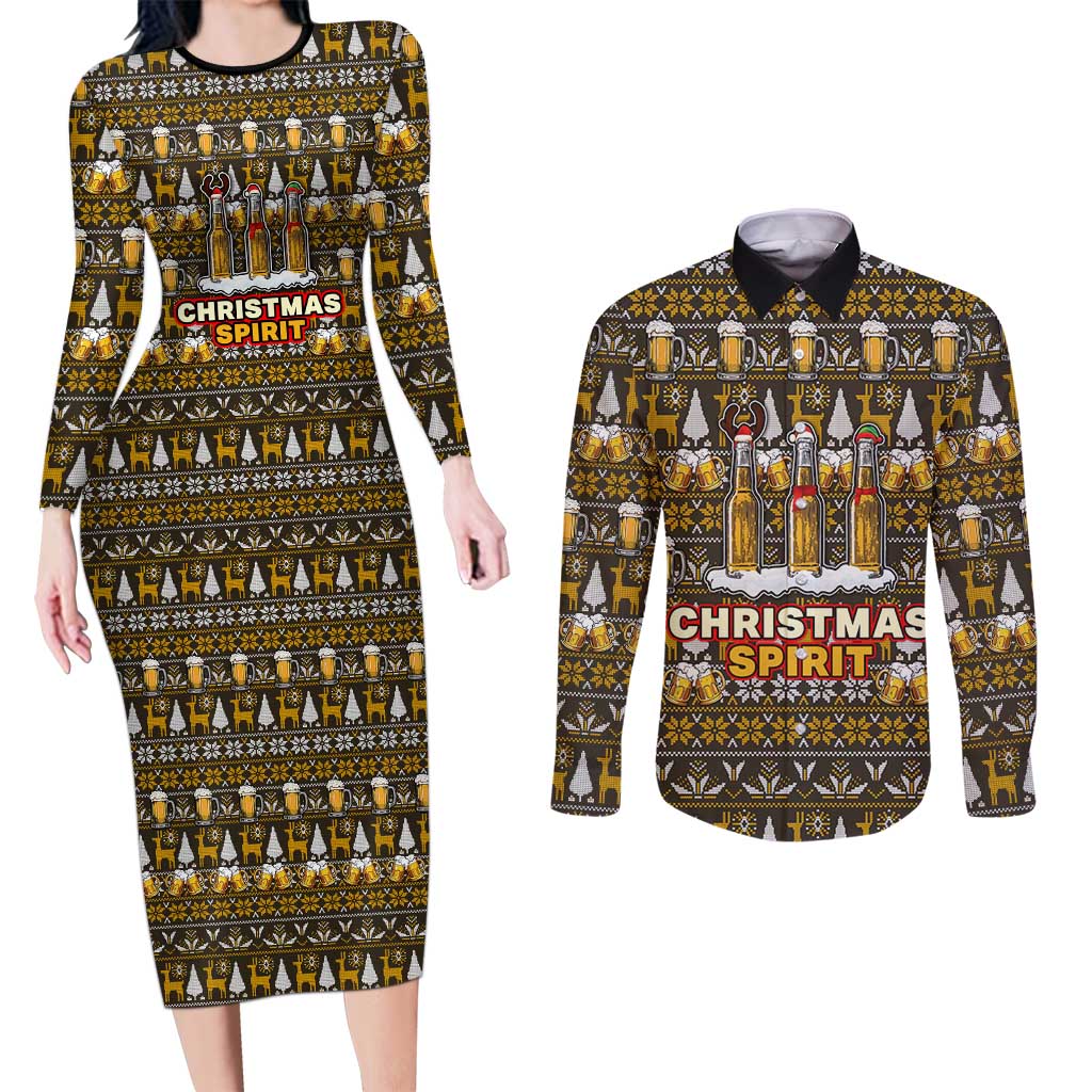 Spirit Beer Christmas Couples Matching Long Sleeve Bodycon Dress and Long Sleeve Button Shirt Xmas Holiday Patterns - Wonder Print Shop
