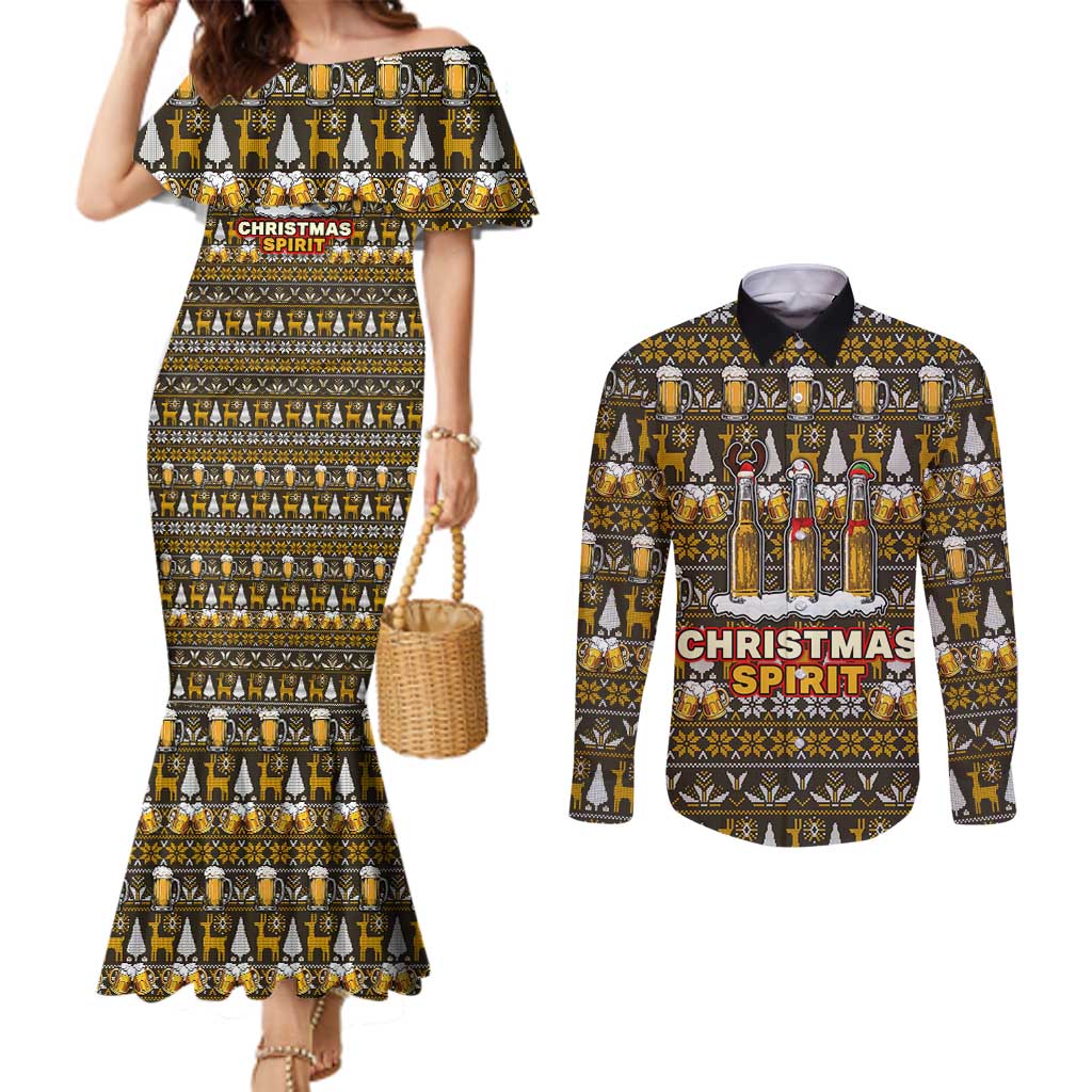 Spirit Beer Christmas Couples Matching Mermaid Dress and Long Sleeve Button Shirt Xmas Holiday Patterns - Wonder Print Shop