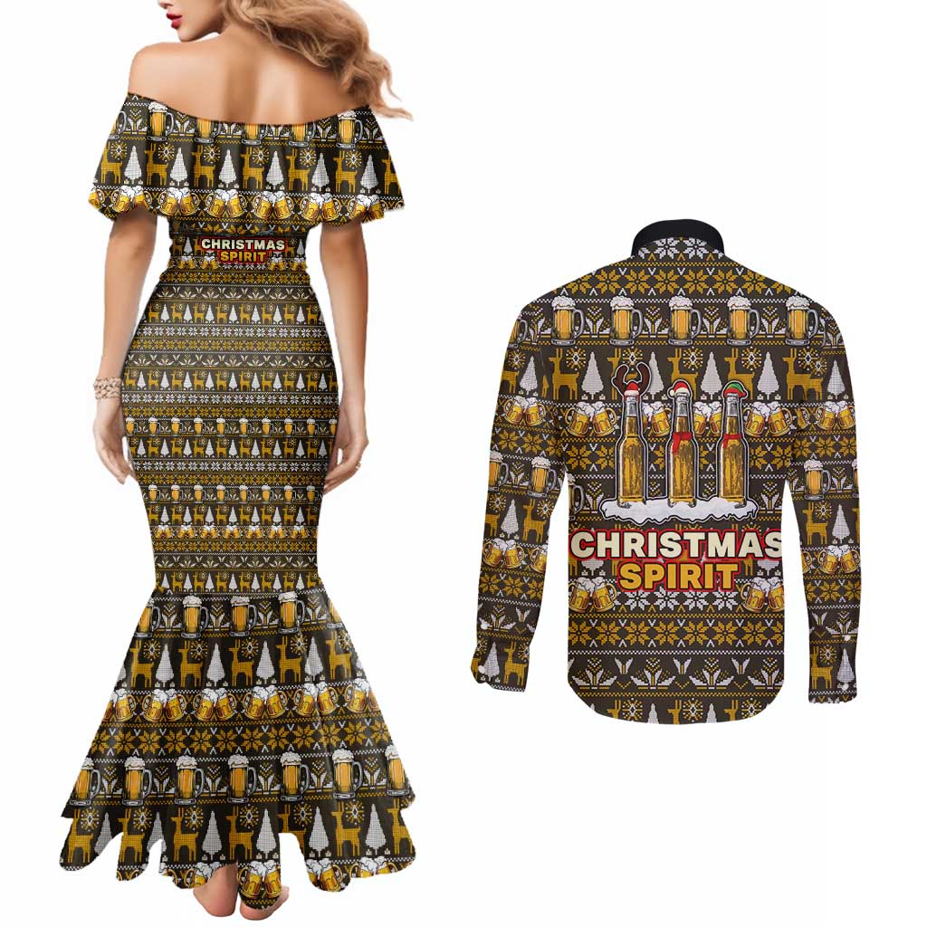 Spirit Beer Christmas Couples Matching Mermaid Dress and Long Sleeve Button Shirt Xmas Holiday Patterns - Wonder Print Shop