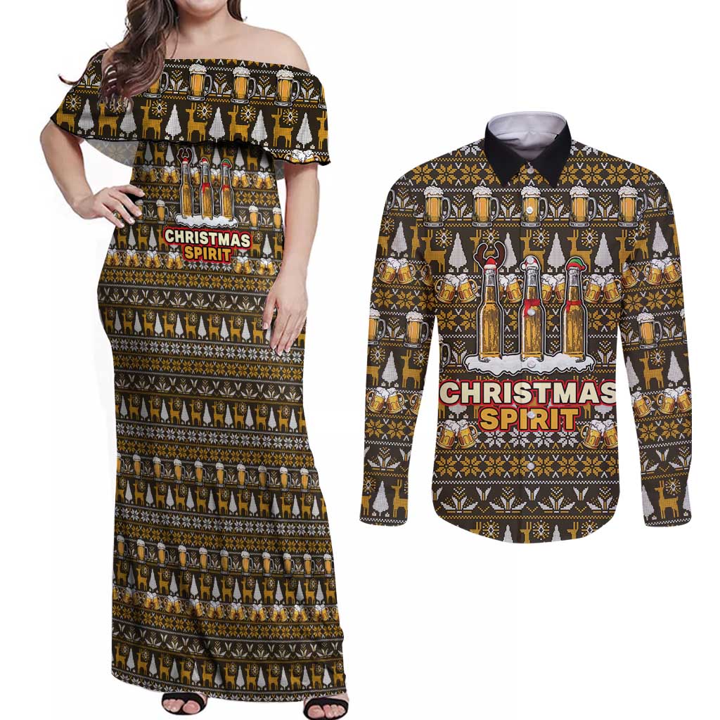 Spirit Beer Christmas Couples Matching Off Shoulder Maxi Dress and Long Sleeve Button Shirt Xmas Holiday Patterns - Wonder Print Shop