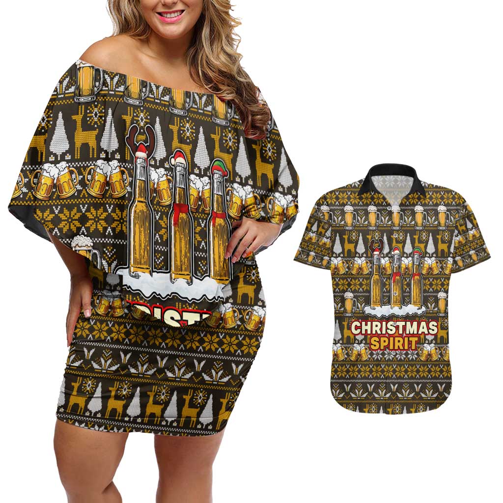 Spirit Beer Christmas Couples Matching Off Shoulder Short Dress and Hawaiian Shirt Xmas Holiday Patterns - Wonder Print Shop