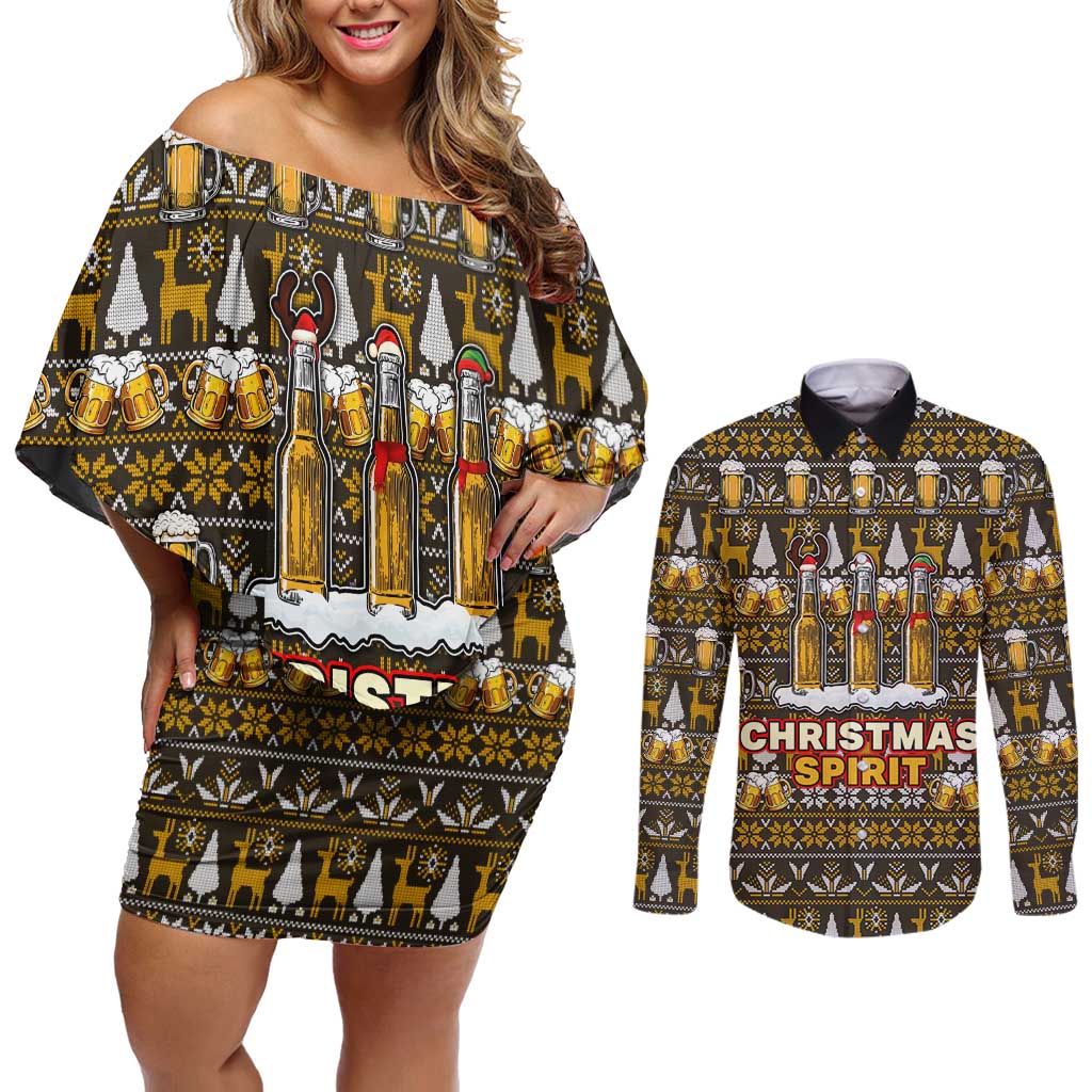 Spirit Beer Christmas Couples Matching Off Shoulder Short Dress and Long Sleeve Button Shirt Xmas Holiday Patterns - Wonder Print Shop