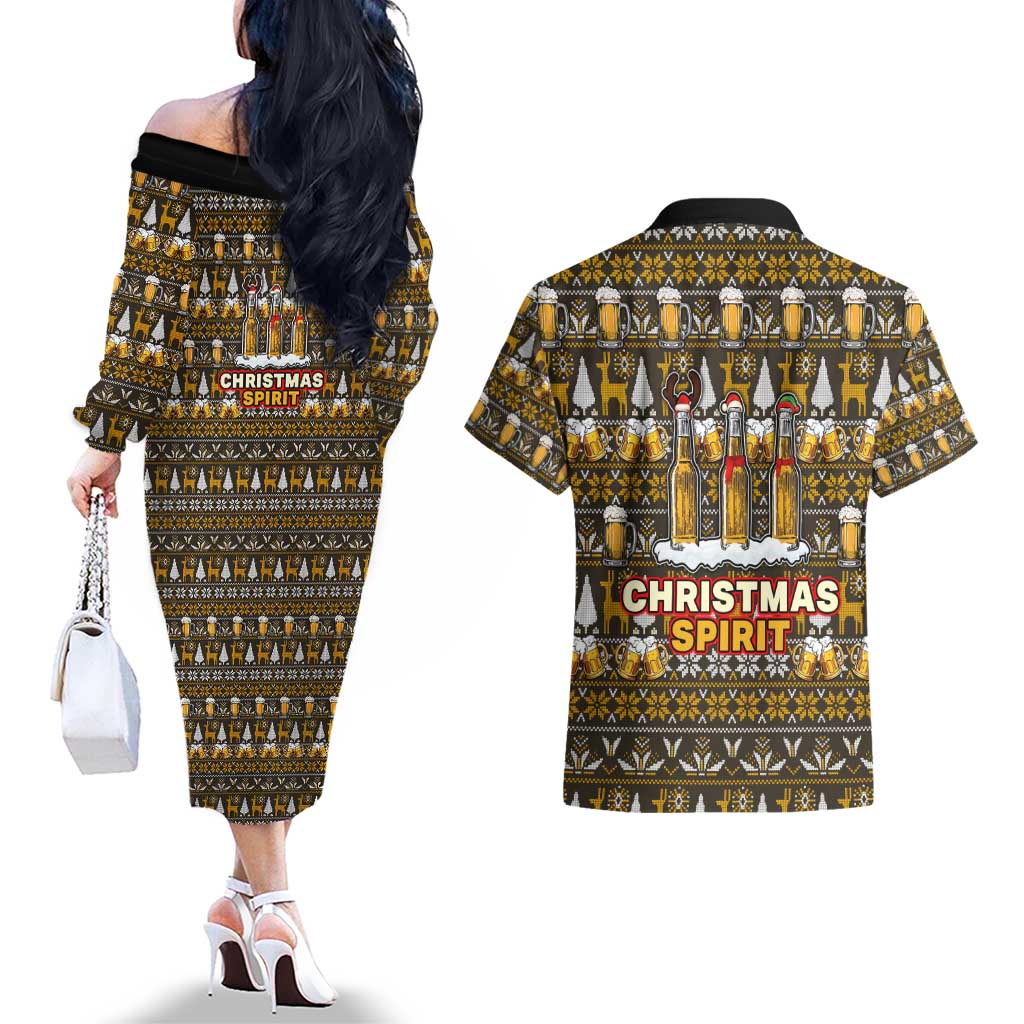 Spirit Beer Christmas Couples Matching Off The Shoulder Long Sleeve Dress and Hawaiian Shirt Xmas Holiday Patterns - Wonder Print Shop