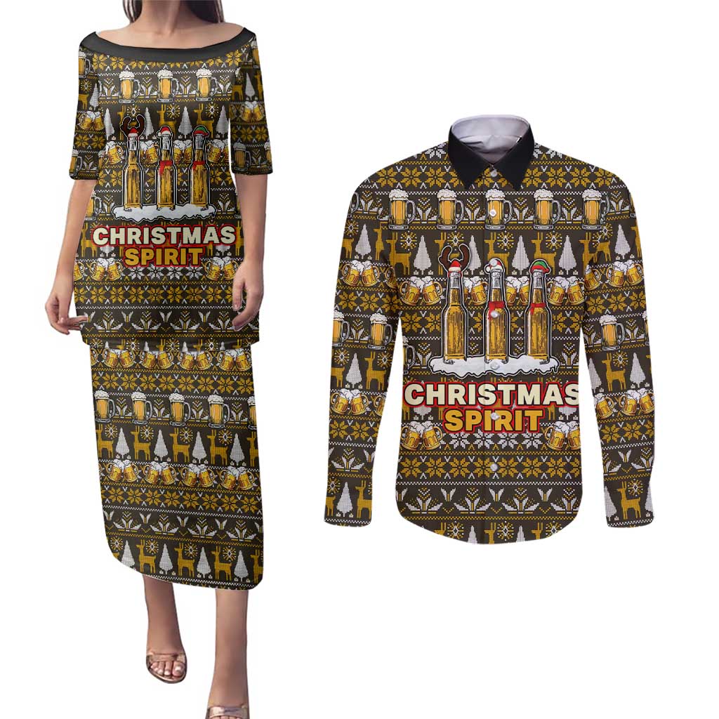 Spirit Beer Christmas Couples Matching Puletasi and Long Sleeve Button Shirt Xmas Holiday Patterns - Wonder Print Shop