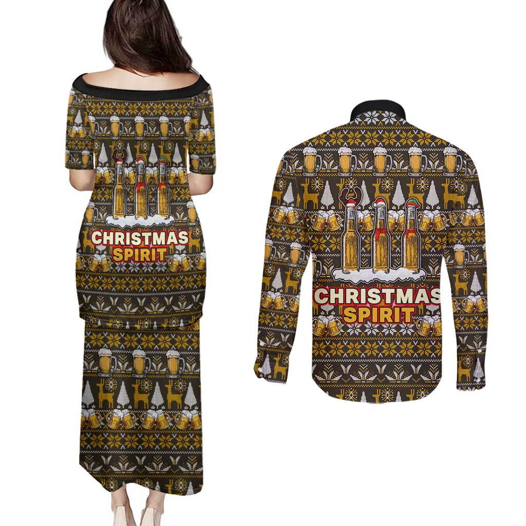 Spirit Beer Christmas Couples Matching Puletasi and Long Sleeve Button Shirt Xmas Holiday Patterns - Wonder Print Shop