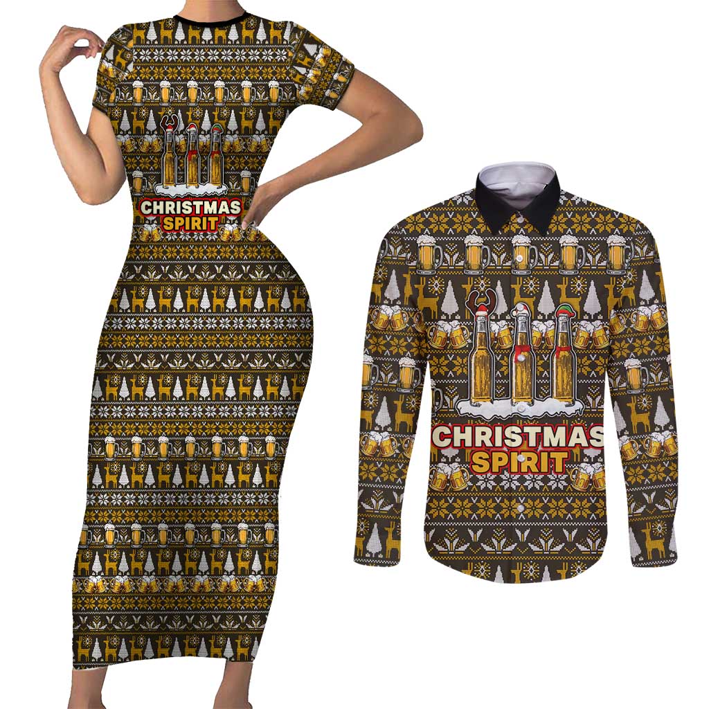 Spirit Beer Christmas Couples Matching Short Sleeve Bodycon Dress and Long Sleeve Button Shirt Xmas Holiday Patterns - Wonder Print Shop