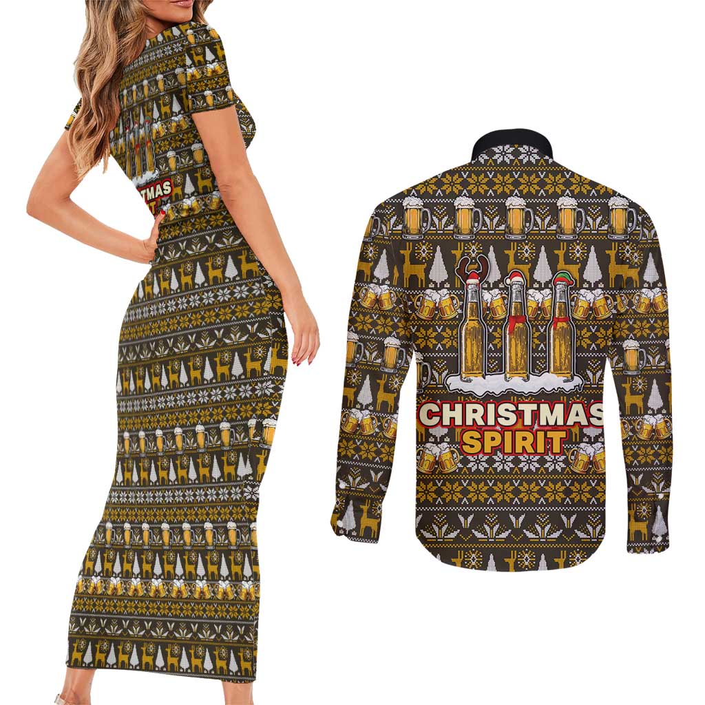 Spirit Beer Christmas Couples Matching Short Sleeve Bodycon Dress and Long Sleeve Button Shirt Xmas Holiday Patterns - Wonder Print Shop