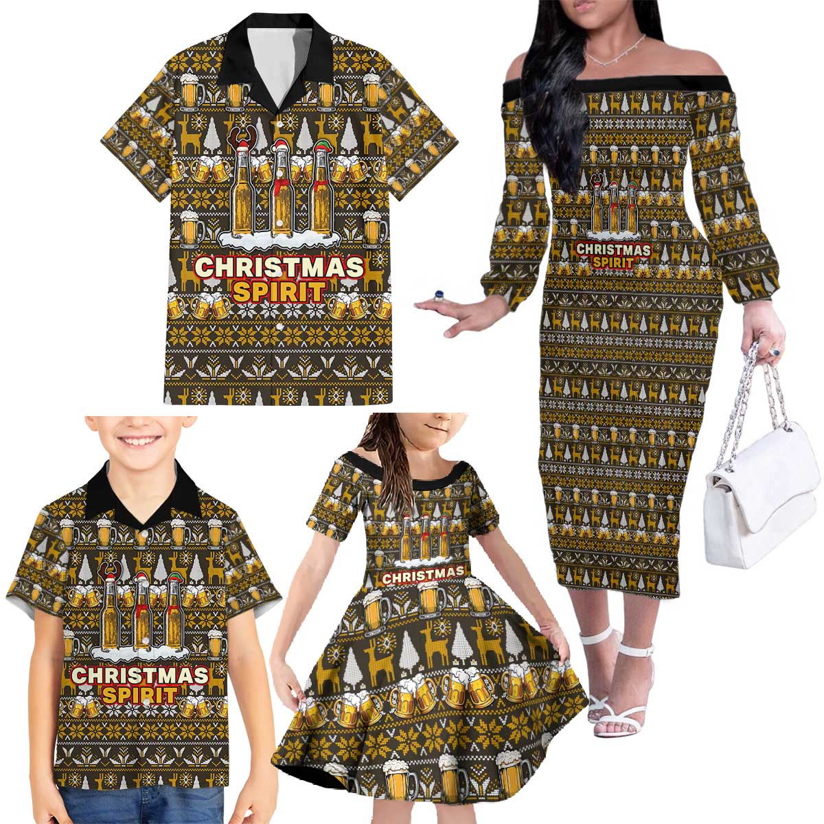 Spirit Beer Christmas Family Matching Off The Shoulder Long Sleeve Dress and Hawaiian Shirt Xmas Holiday Patterns - Wonder Print Shop