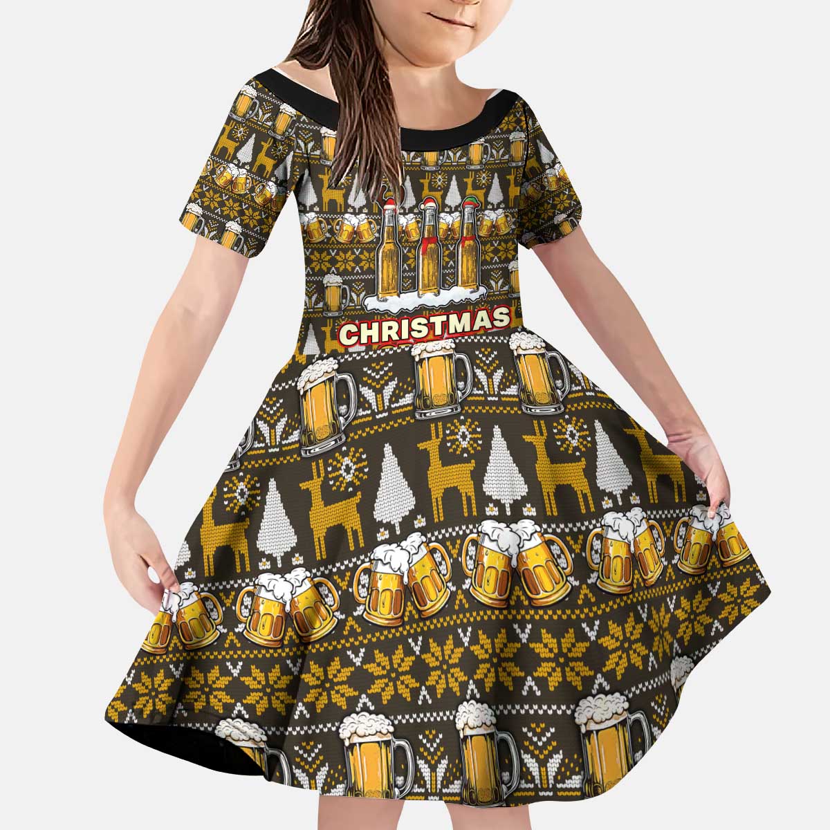 Spirit Beer Christmas Kid Short Sleeve Dress Xmas Holiday Patterns - Wonder Print Shop