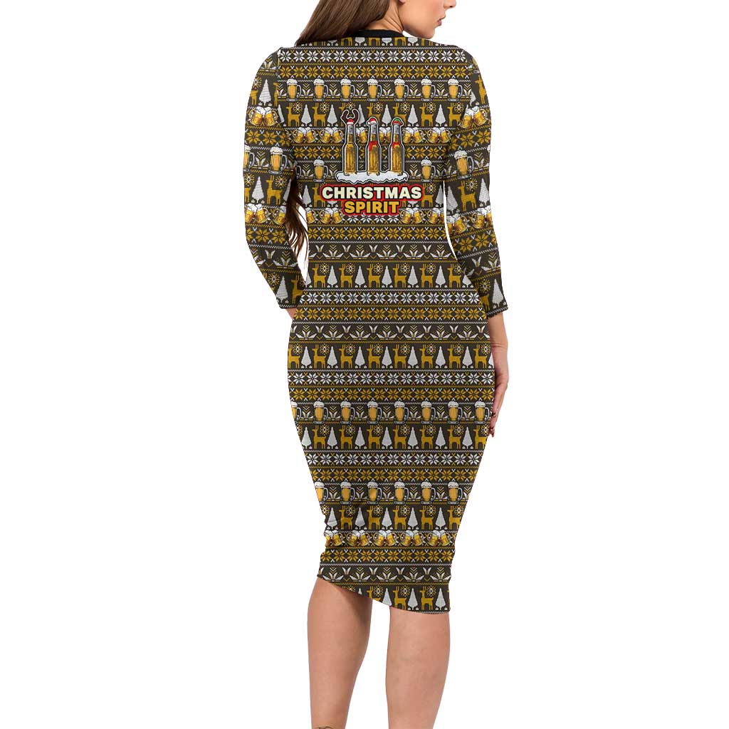 Spirit Beer Christmas Long Sleeve Bodycon Dress Xmas Holiday Patterns - Wonder Print Shop