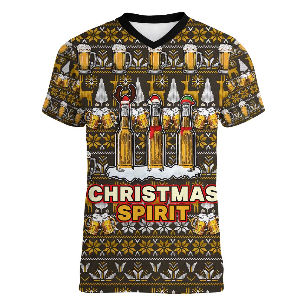 Spirit Beer Christmas Women V-Neck T-Shirt Xmas Holiday Patterns - Wonder Print Shop