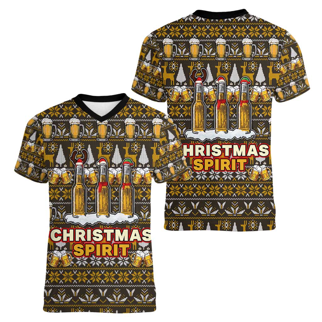 Spirit Beer Christmas Women V-Neck T-Shirt Xmas Holiday Patterns - Wonder Print Shop