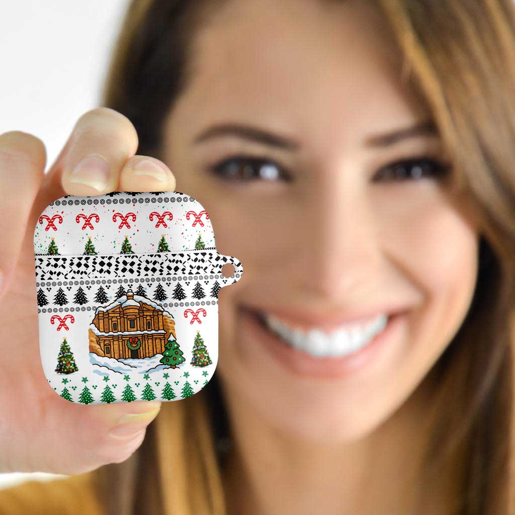 Jordan Christmas AirPods Case with Petra Monastery Snow Christmas Trees and Candy Cane Pattern - Wonder Print Shop