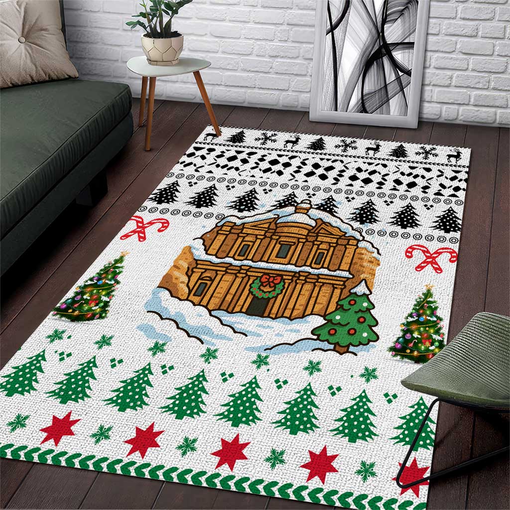 Jordan Christmas Area Rug with Petra Monastery Snow Christmas Trees and Candy Cane Pattern - Wonder Print Shop