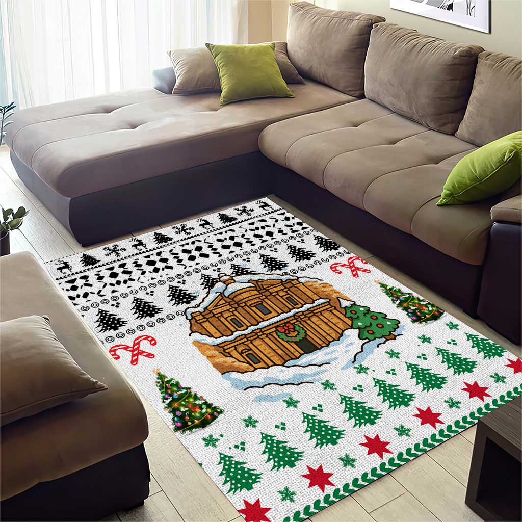 Jordan Christmas Area Rug with Petra Monastery Snow Christmas Trees and Candy Cane Pattern - Wonder Print Shop