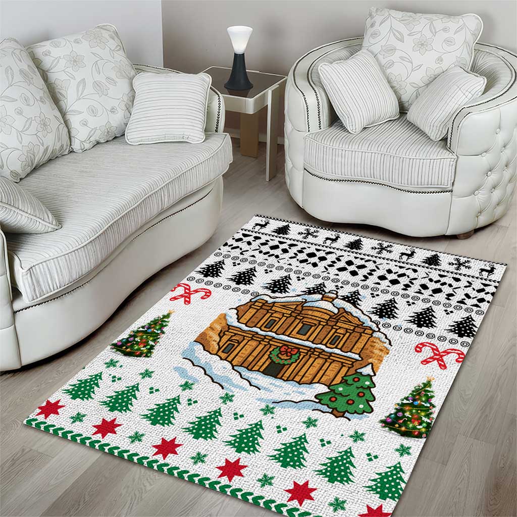 Jordan Christmas Area Rug with Petra Monastery Snow Christmas Trees and Candy Cane Pattern - Wonder Print Shop