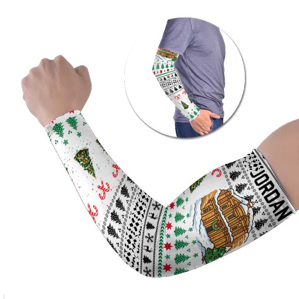 Jordan Christmas Arm Sleeves with Petra Monastery Snow Christmas Trees and Candy Cane Pattern - Wonder Print Shop