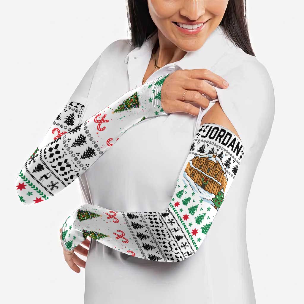 Jordan Christmas Arm Sleeves with Petra Monastery Snow Christmas Trees and Candy Cane Pattern - Wonder Print Shop