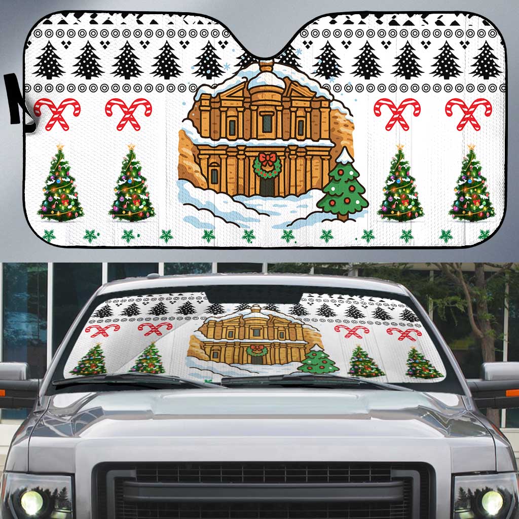 Jordan Christmas Auto Sun Shade with Petra Monastery Snow Christmas Trees and Candy Cane Pattern - Wonder Print Shop
