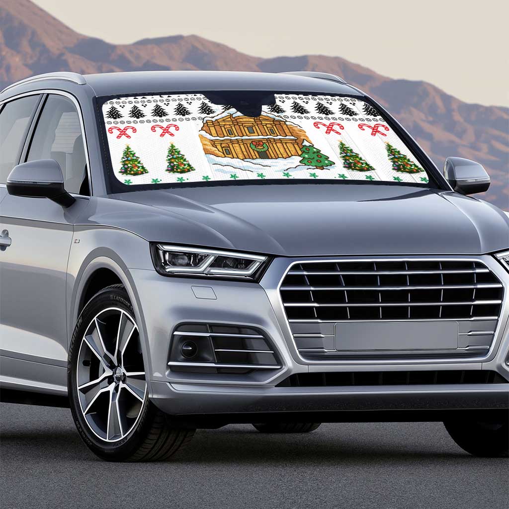Jordan Christmas Auto Sun Shade with Petra Monastery Snow Christmas Trees and Candy Cane Pattern - Wonder Print Shop