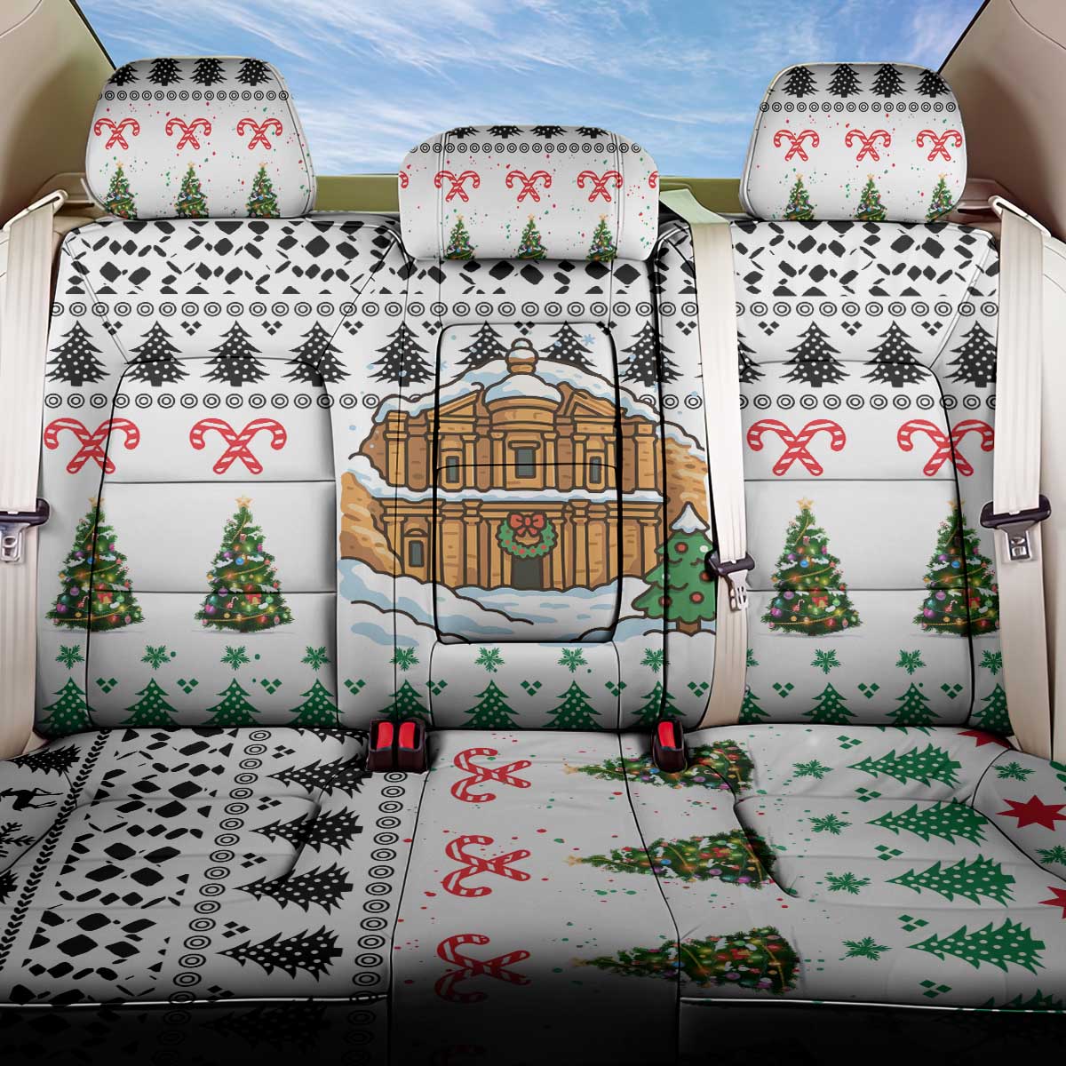 Jordan Christmas Back Car Seat Cover with Petra Monastery Snow Christmas Trees and Candy Cane Pattern - Wonder Print Shop