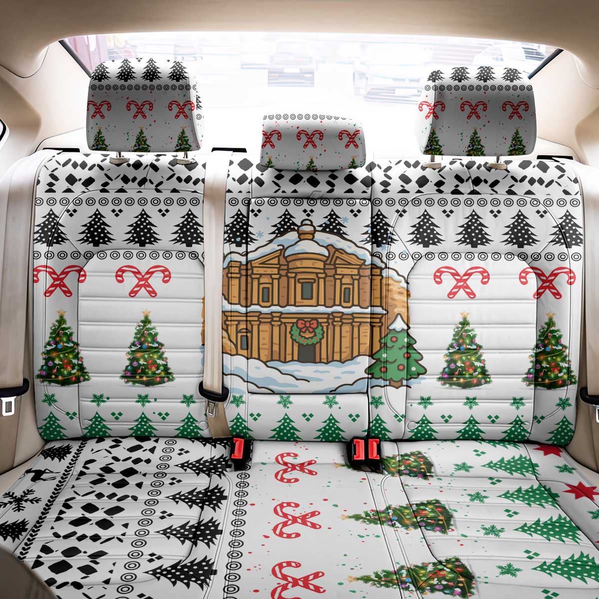 Jordan Christmas Back Car Seat Cover with Petra Monastery Snow Christmas Trees and Candy Cane Pattern - Wonder Print Shop